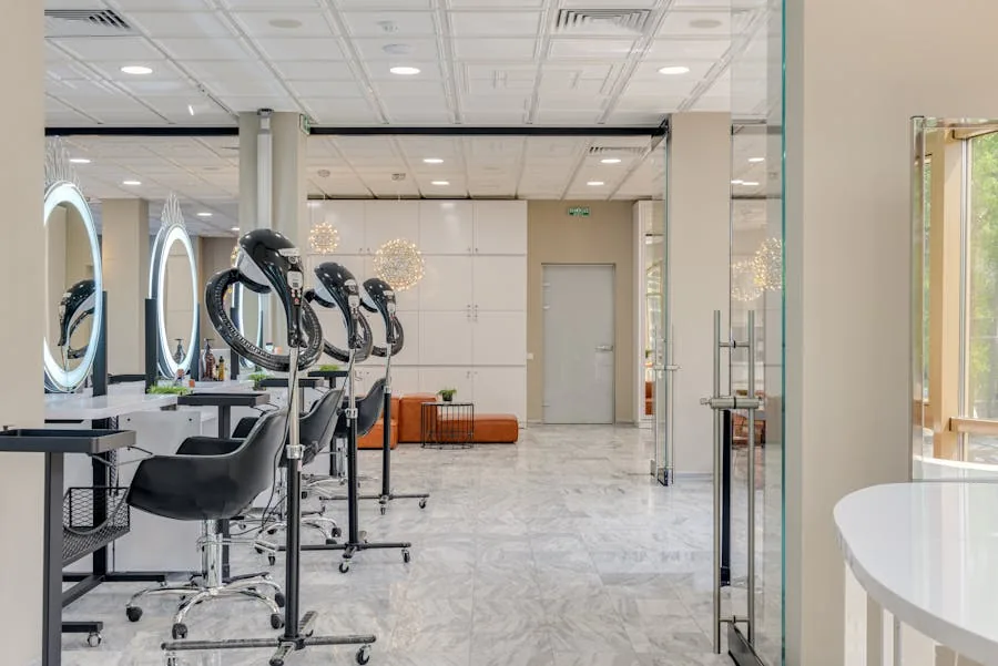 Clean hair salon service area with styling stations and soft ambient lighting.